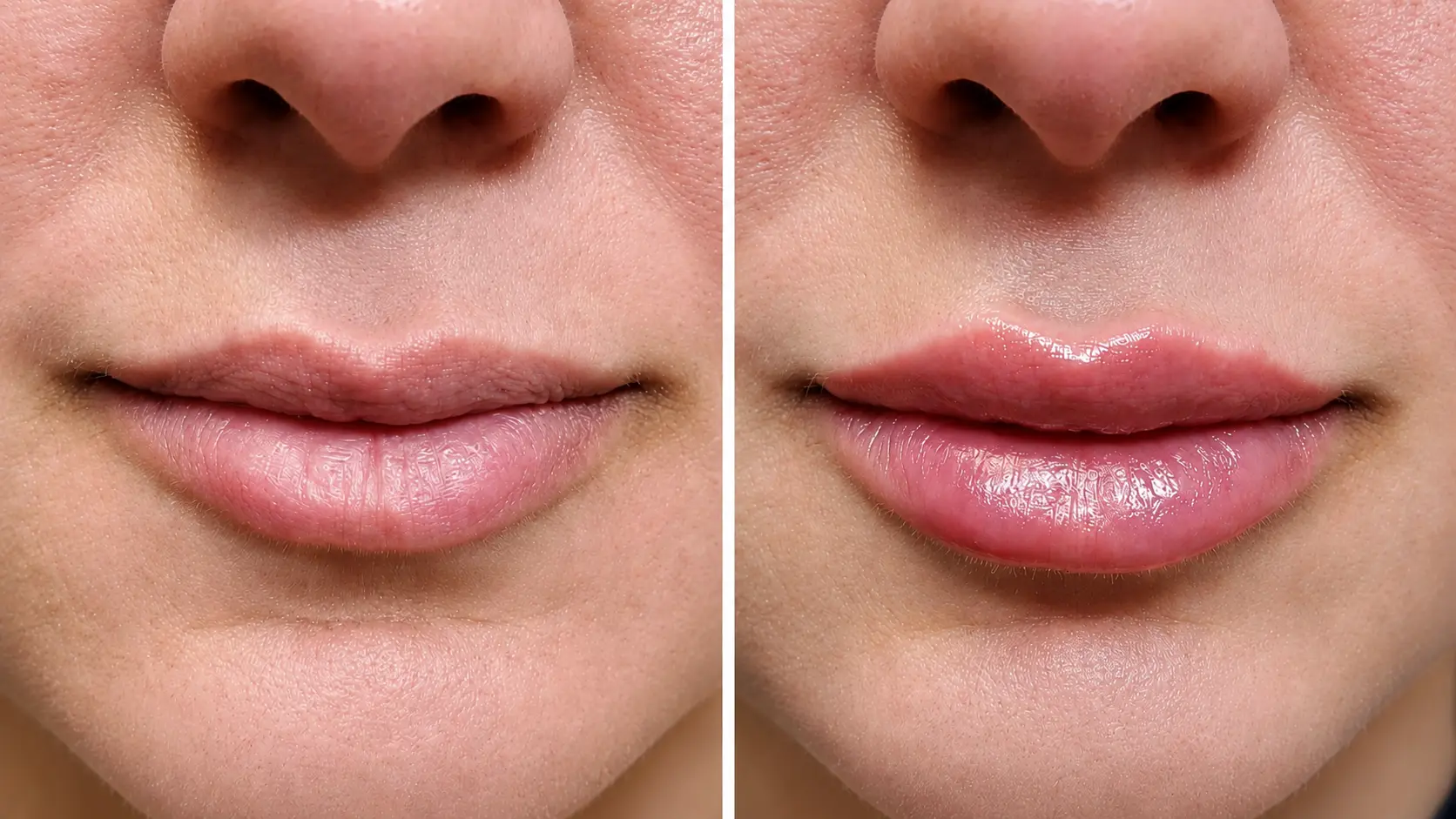 Antes y después de un tratamiento de relleno labial